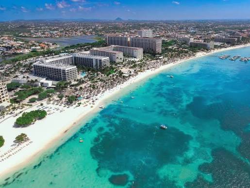 Aerial view of Aruba's turquoise coastline and white sand beaches