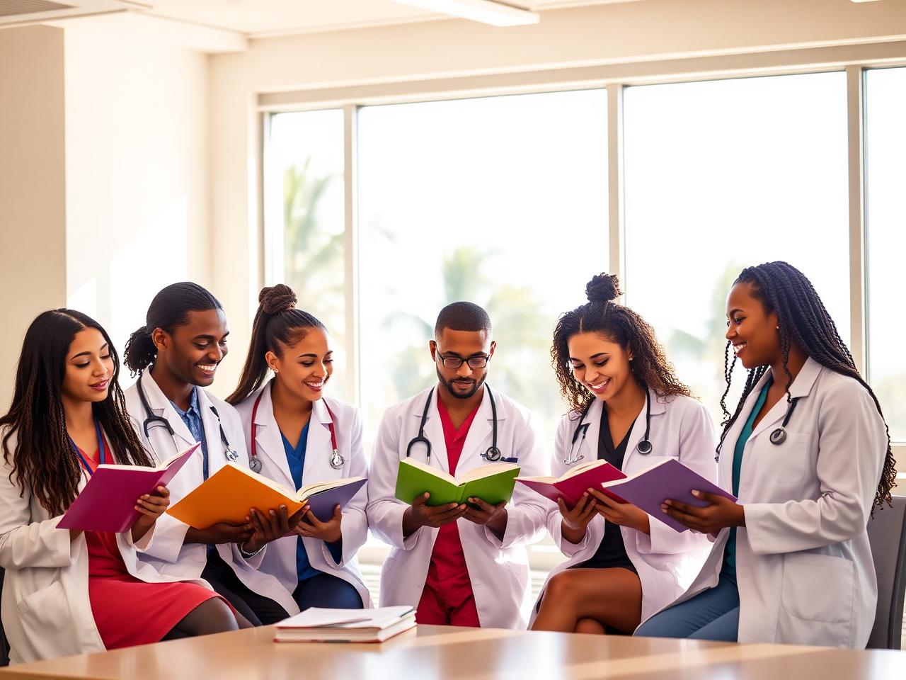 Aureus medical students studying together in a sunlit Aruban classroom