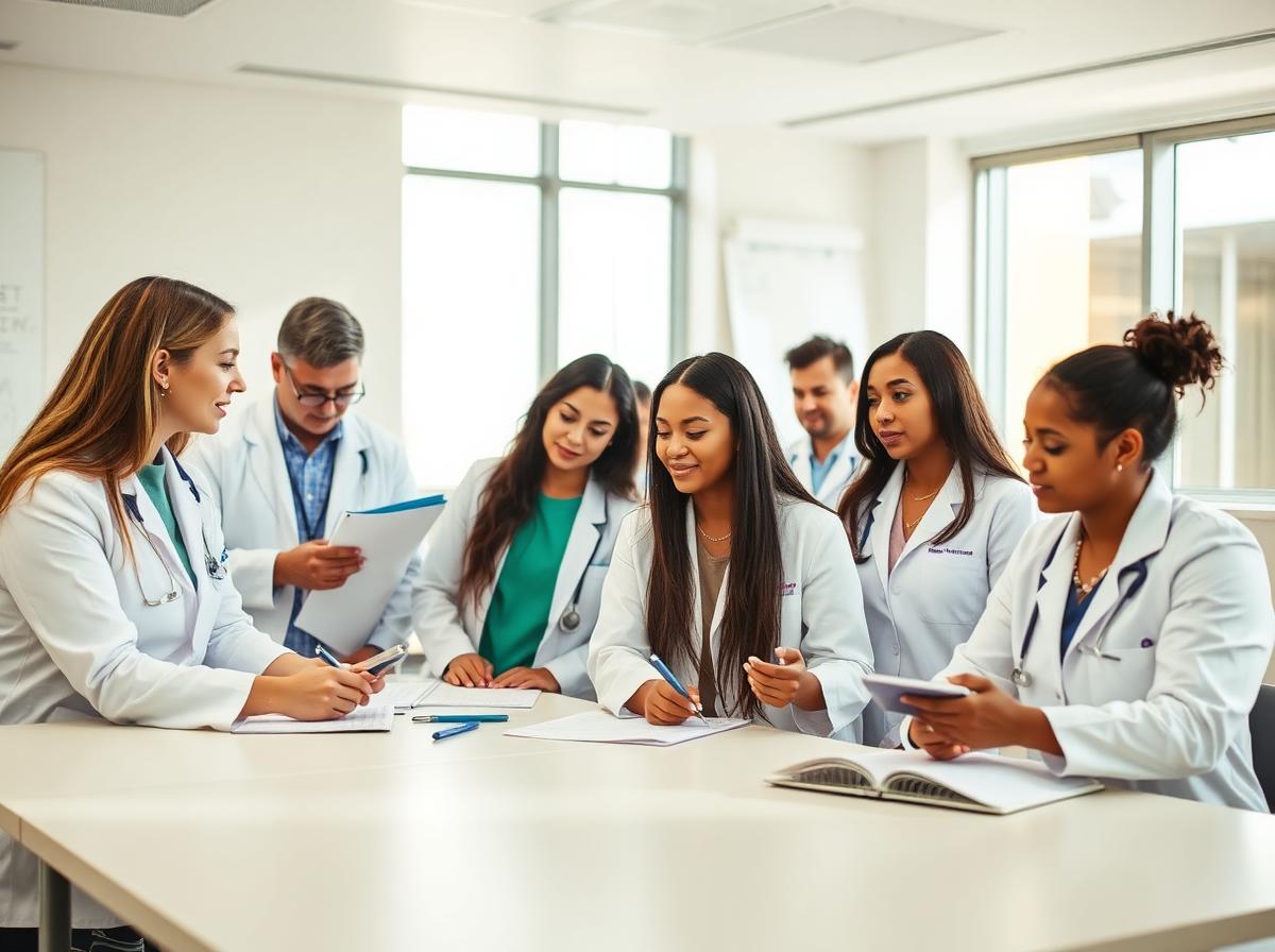 Medical students in white coats studying together