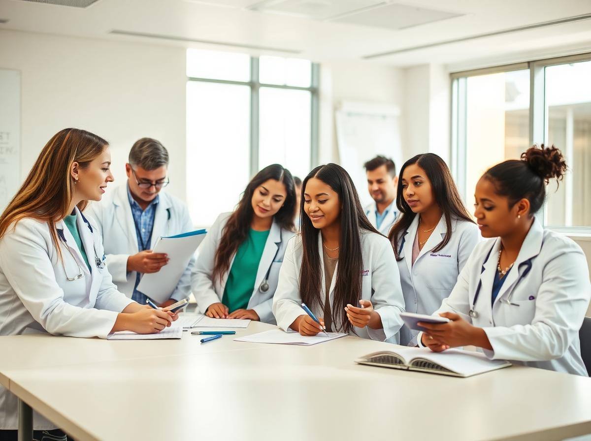 Medical students in white coats studying together