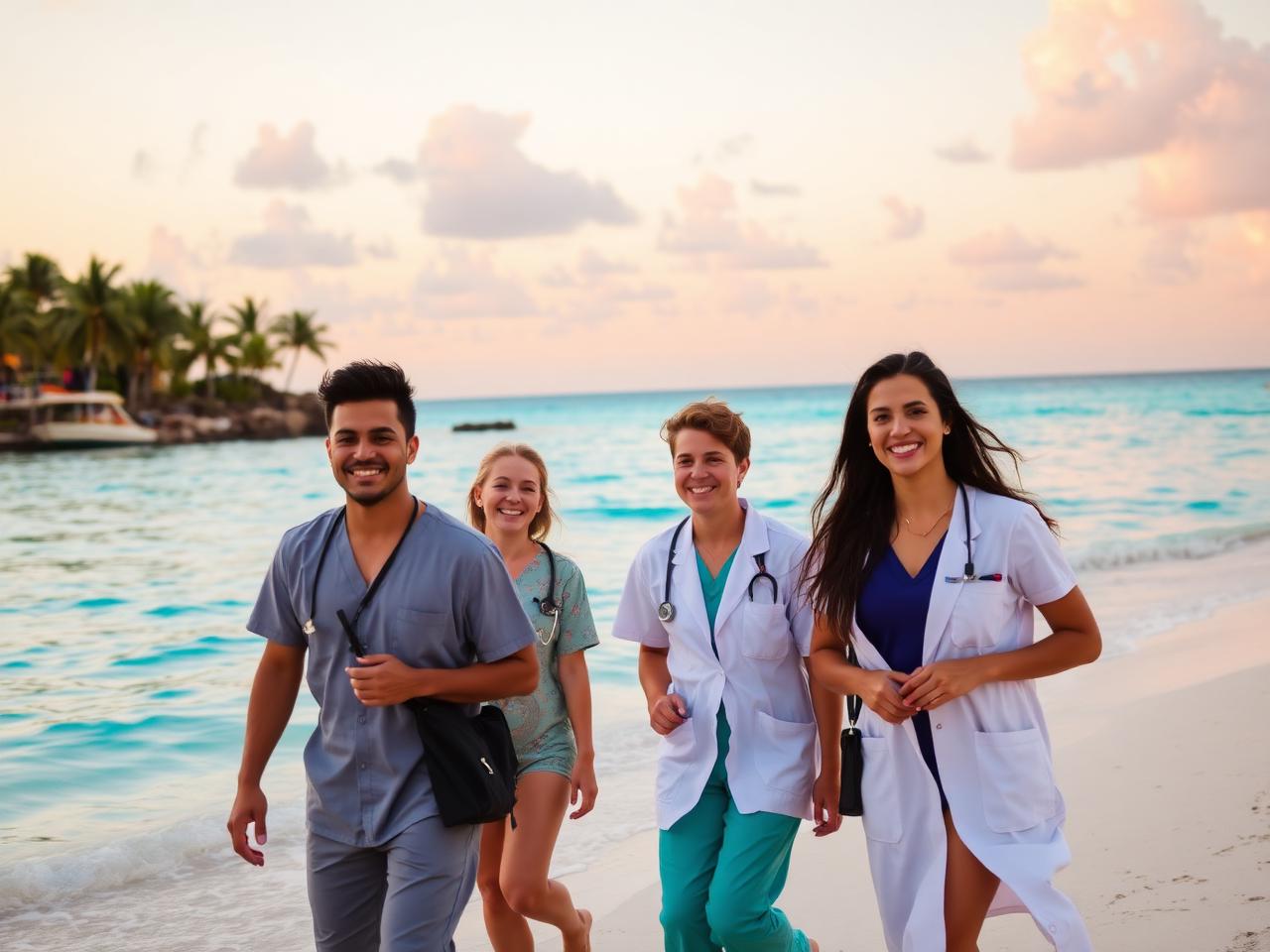 Aureus students walking along a turquoise Aruba beach at sunset
